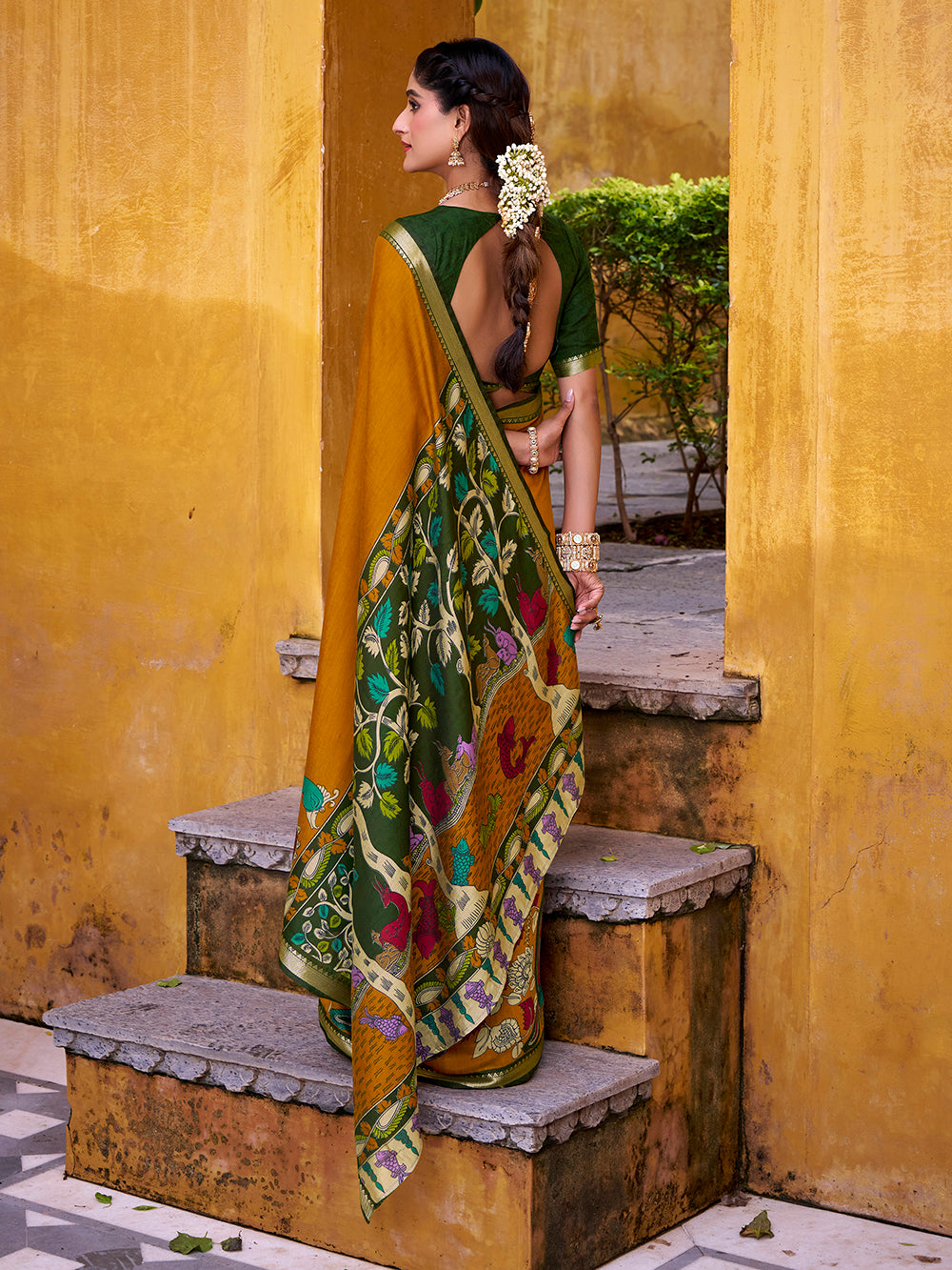 Mustard traditional kalamkari saree