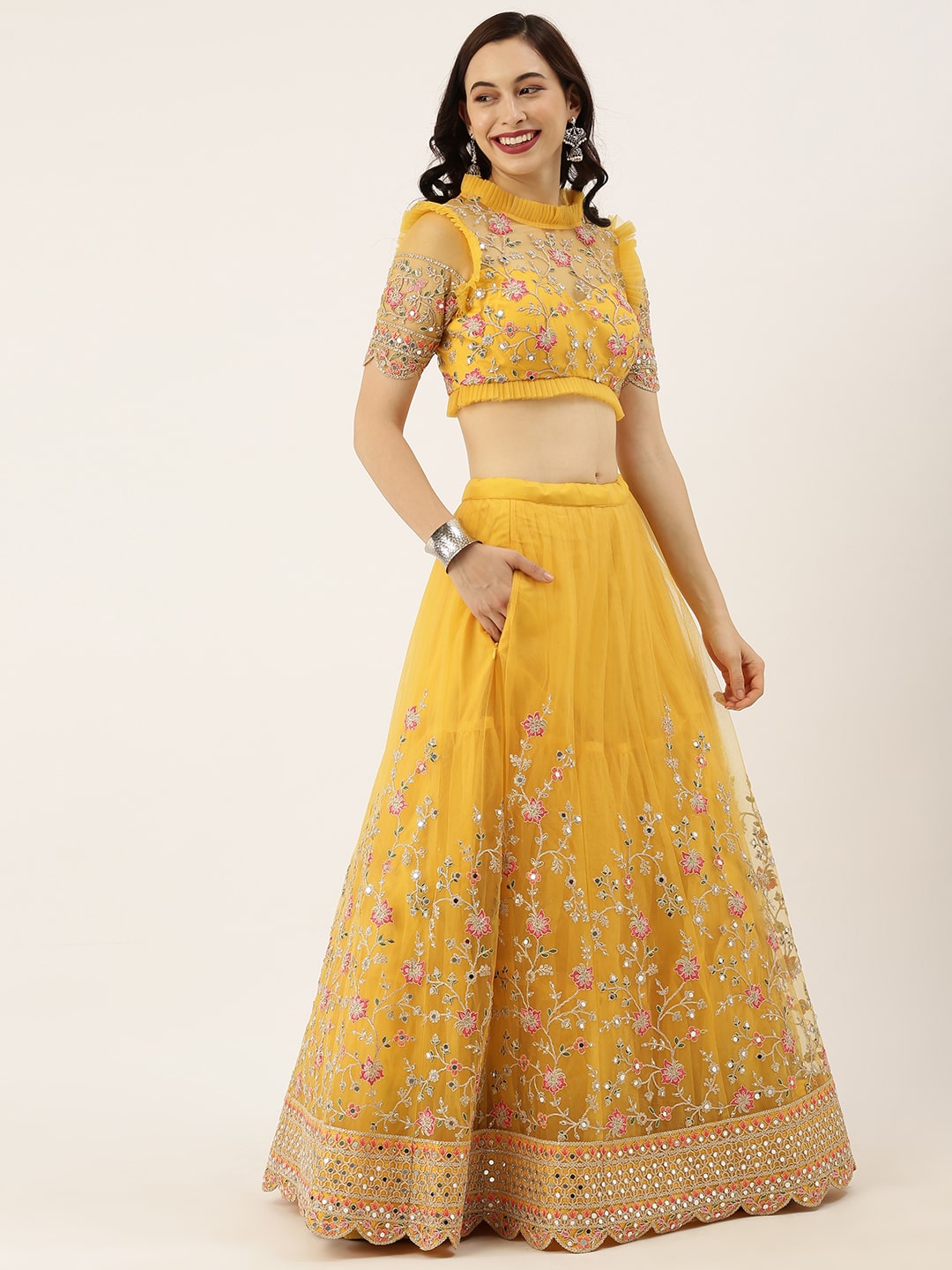 Mustard Color Net Sequins Mirror work Haldi wear lehenga choli