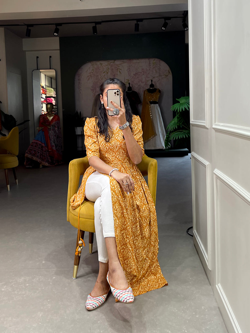 Mustard Color Foil and Printed Rayon Cotton Dress