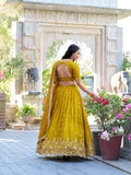 Mustard Color Sequins And Thread Embroidery Work With Vichitra Silk Lehenga Choli