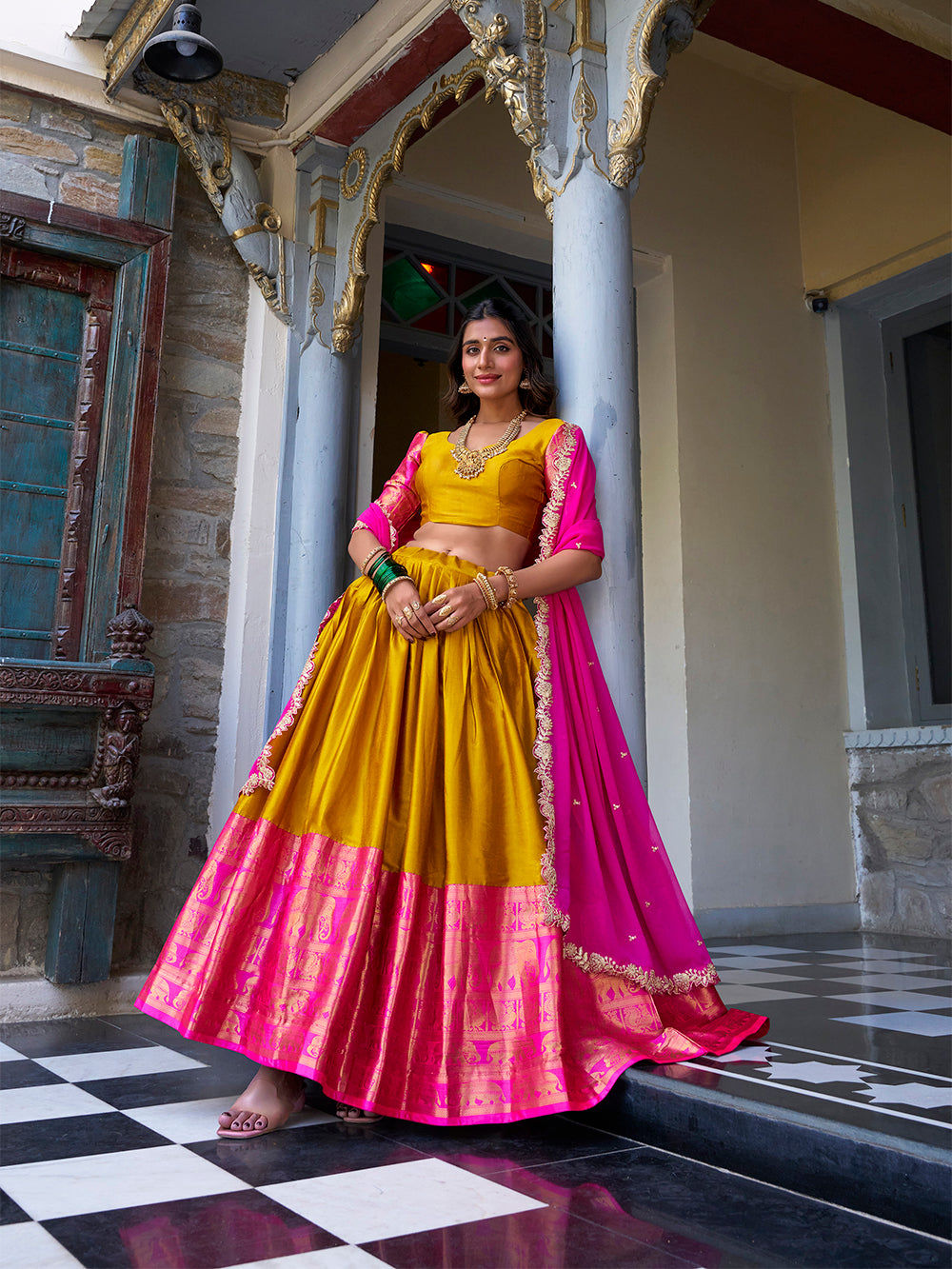Mustard Color Zari Weaving Work Narayan Pattu Lehenga Choli