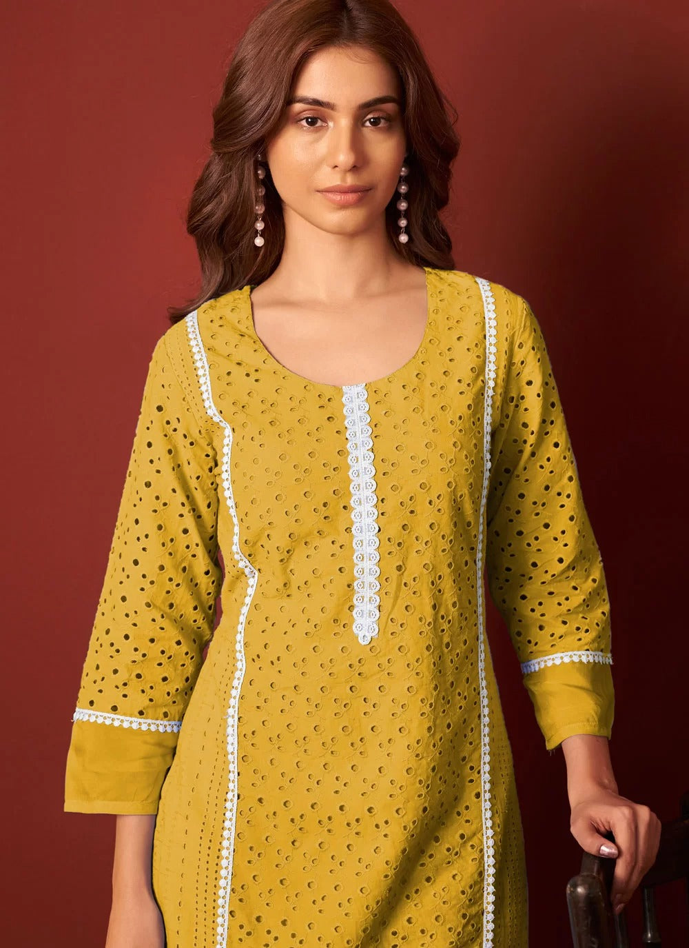 cotton embroidered kurti for women with Schiffli lace work