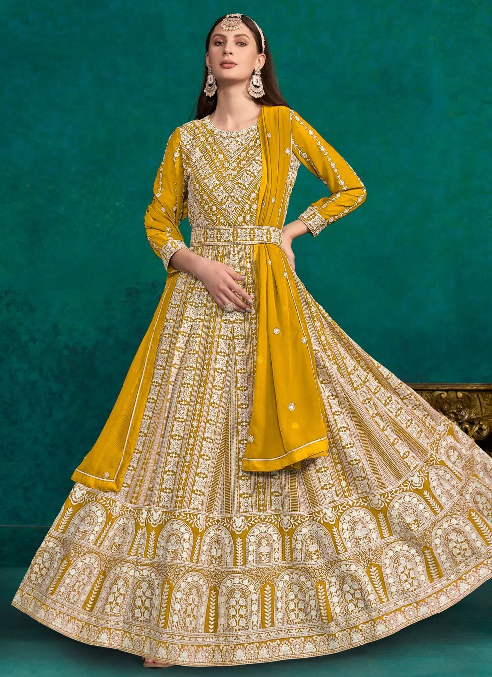 Mustard Faux Georgette Anarkali Suit with Santool Lining and Dupatta