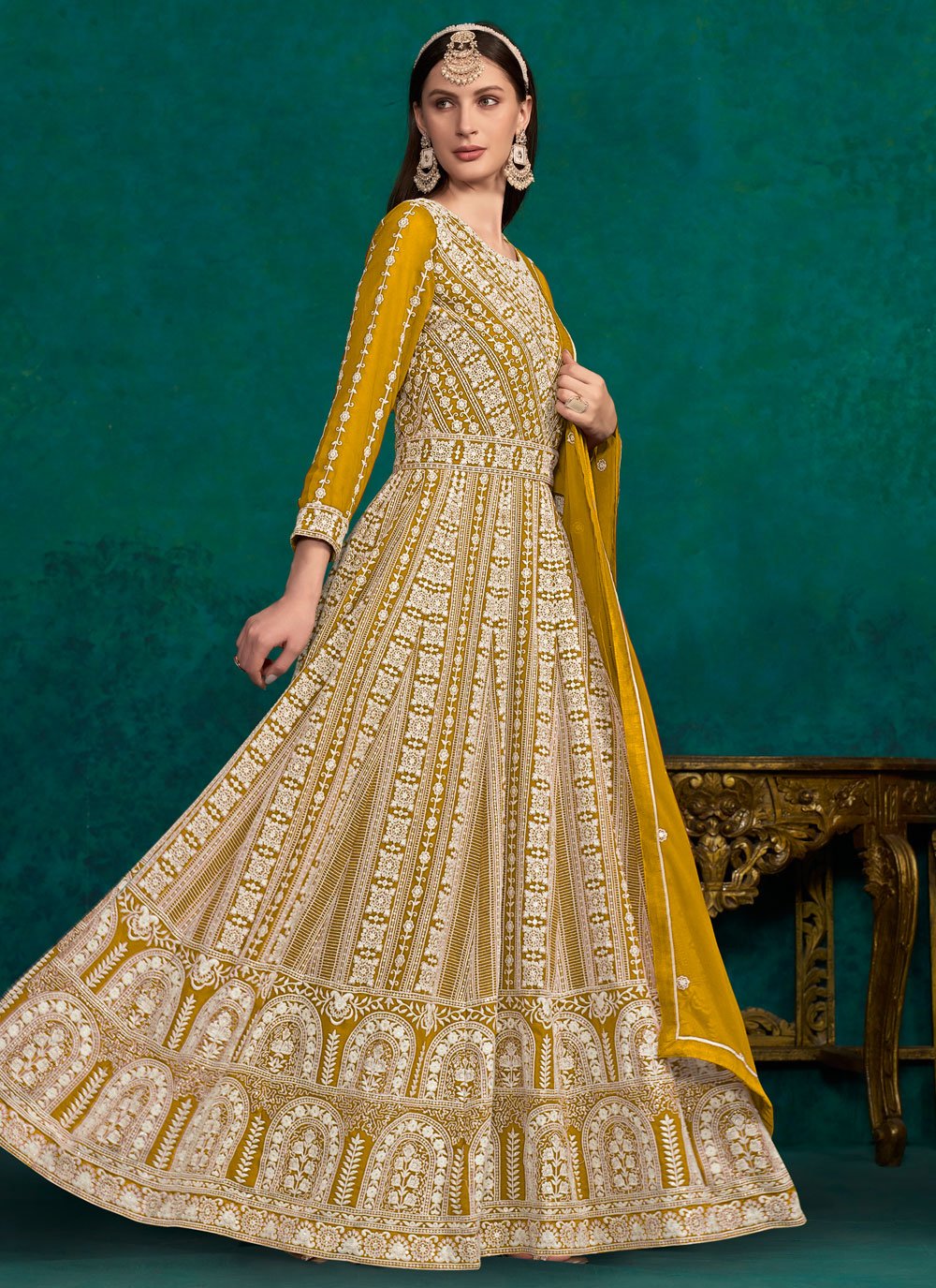 Mustard Faux Georgette Anarkali Suit with Santool Lining and Dupatta