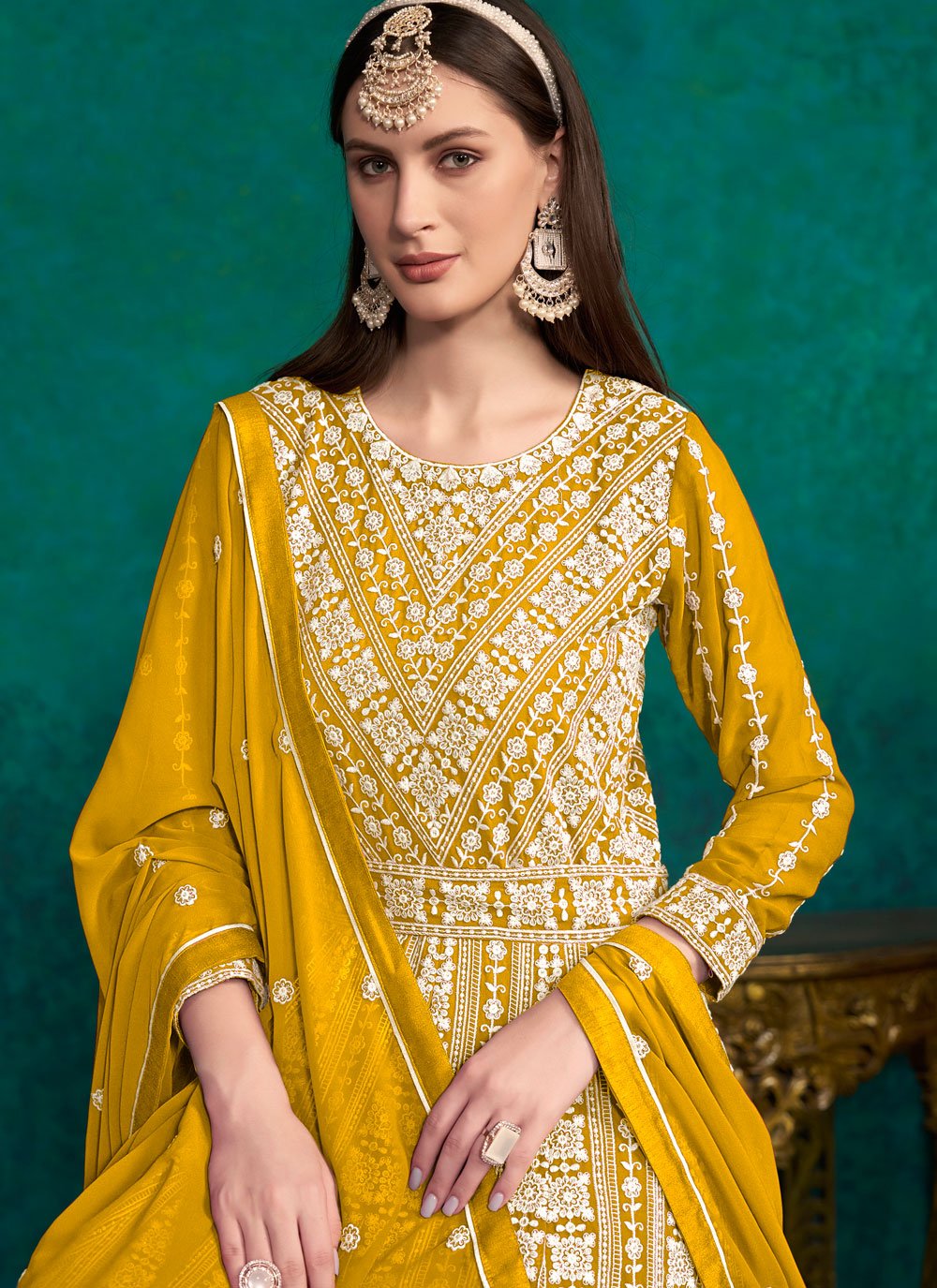 Mustard Faux Georgette Anarkali Suit with Santool Lining and Dupatta