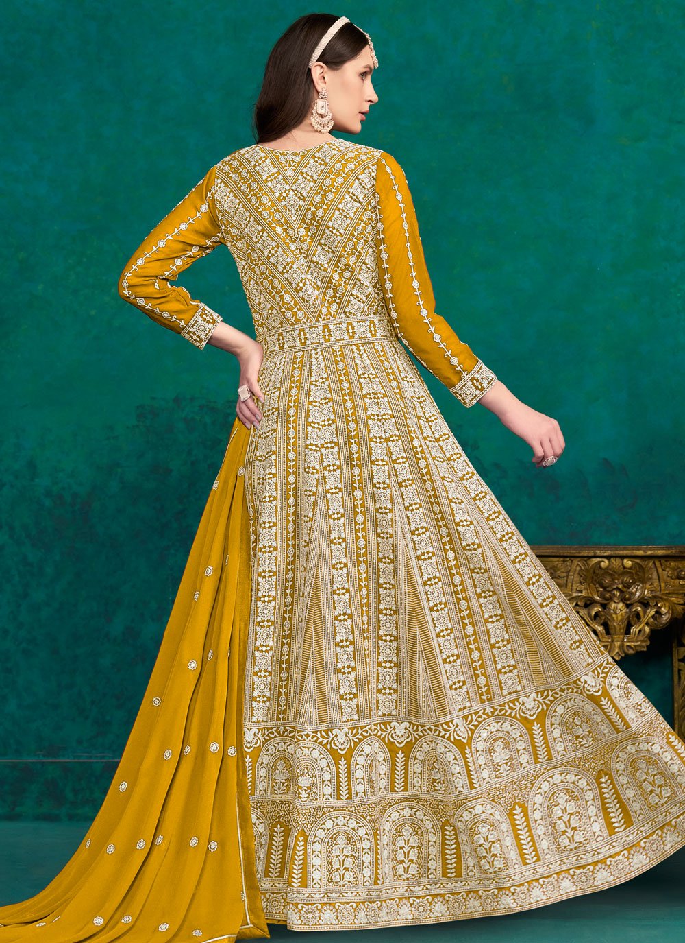 Mustard Faux Georgette Anarkali Suit with Santool Lining and Dupatta