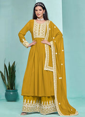 Mustard Faux Georgette Embroidered Palazzo Suit for Festive