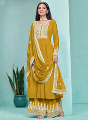 Mustard Faux Georgette Embroidered Palazzo Suit for Festive