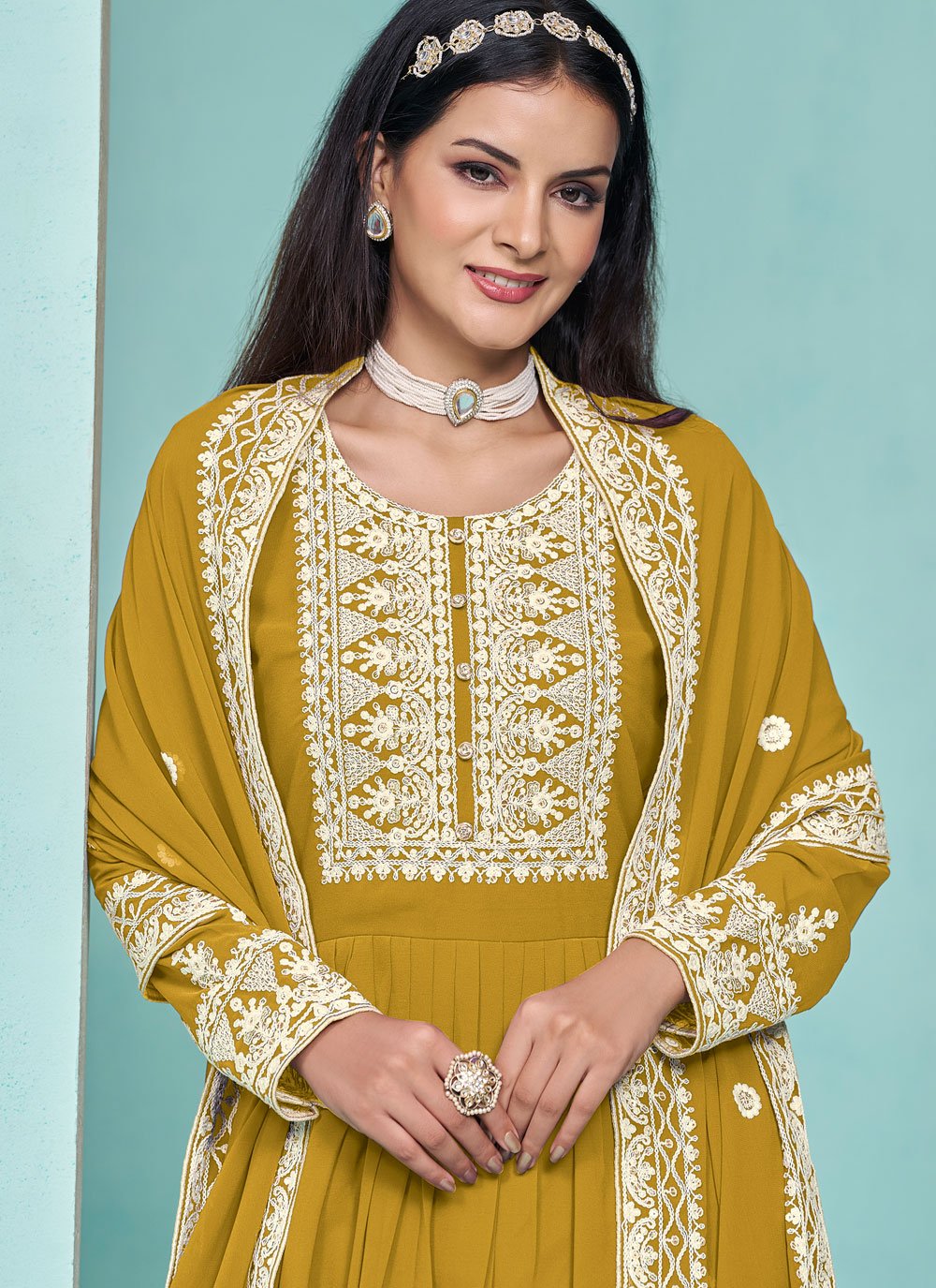 Mustard Faux Georgette Embroidered Palazzo Suit for Festive