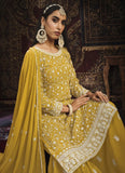 Mustard Faux Georgette Embroidered Palazzo Suit