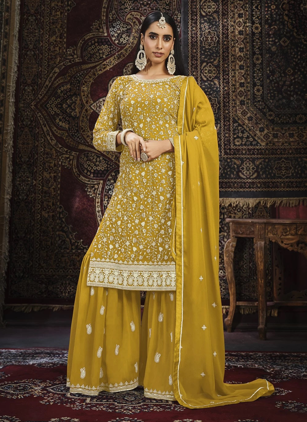 Mustard Faux Georgette Embroidered Palazzo Suit