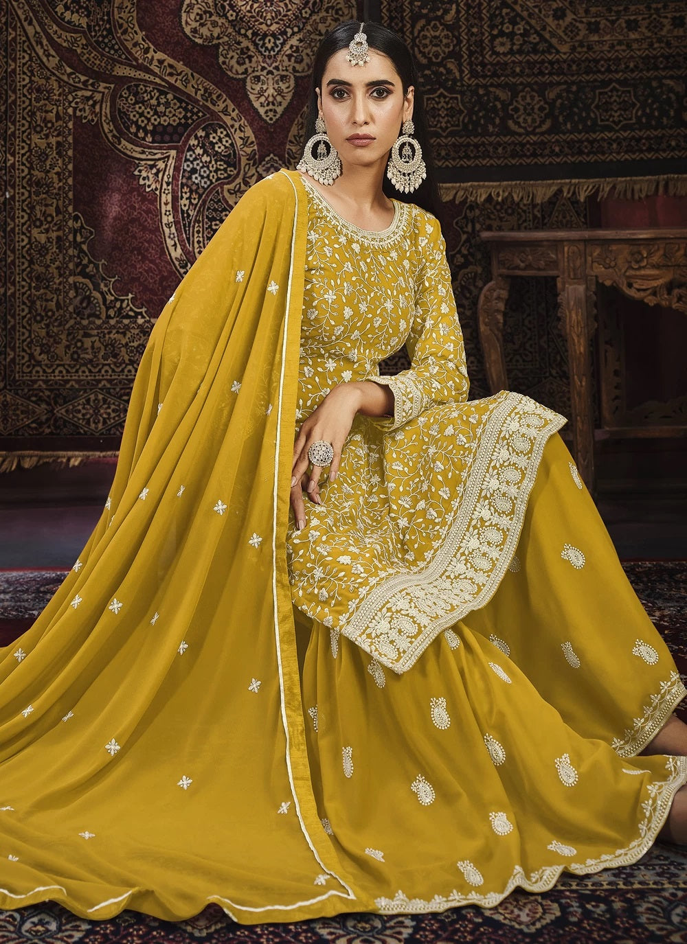 Mustard Faux Georgette Embroidered Palazzo Suit