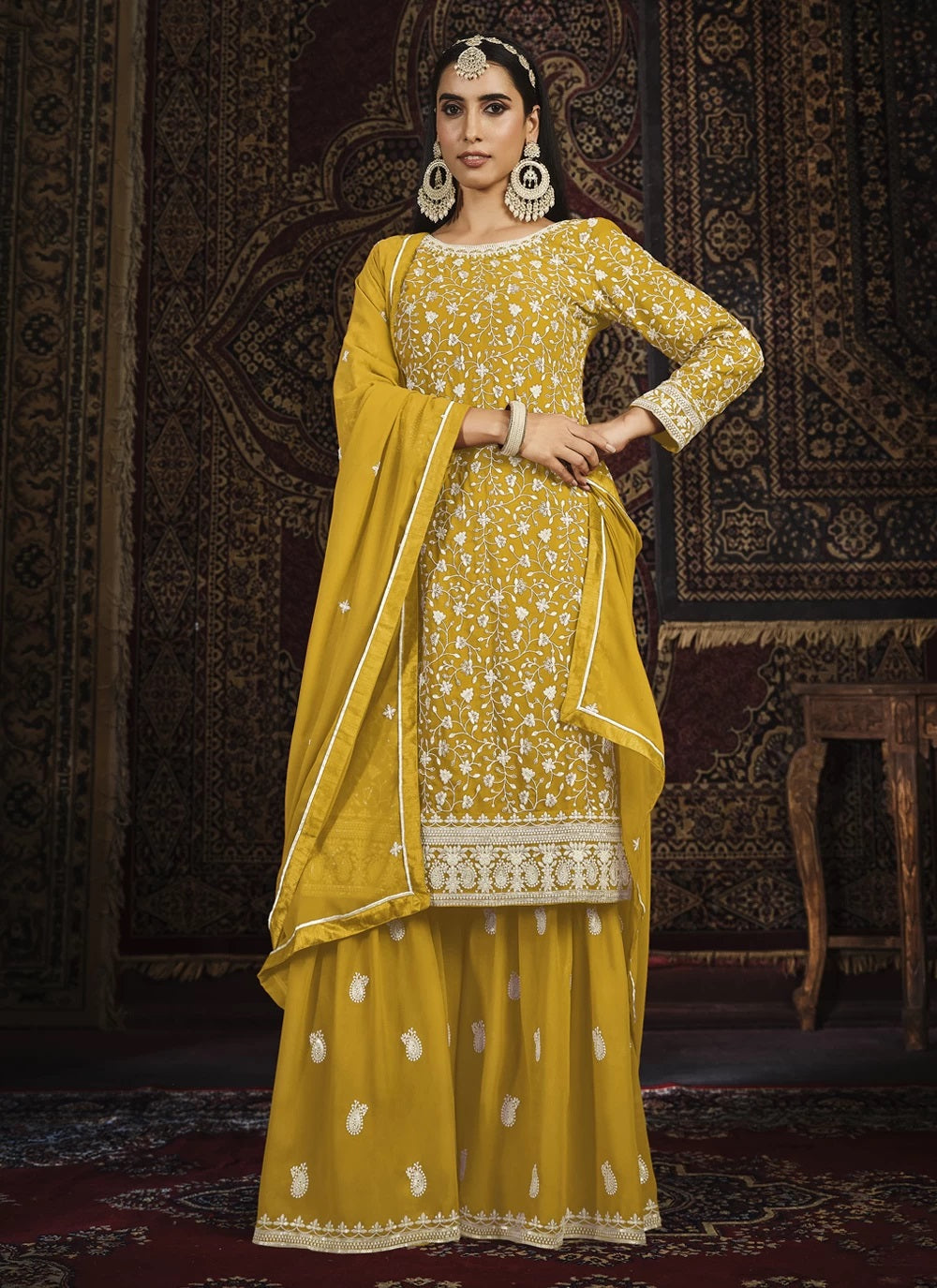 Mustard Faux Georgette Embroidered Palazzo Suit