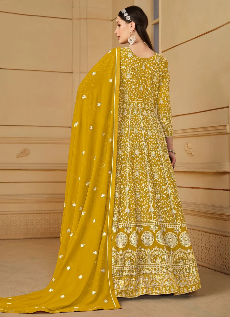 Mustard faux georgette embroidered anarkali suit for wedding guests and festive wear