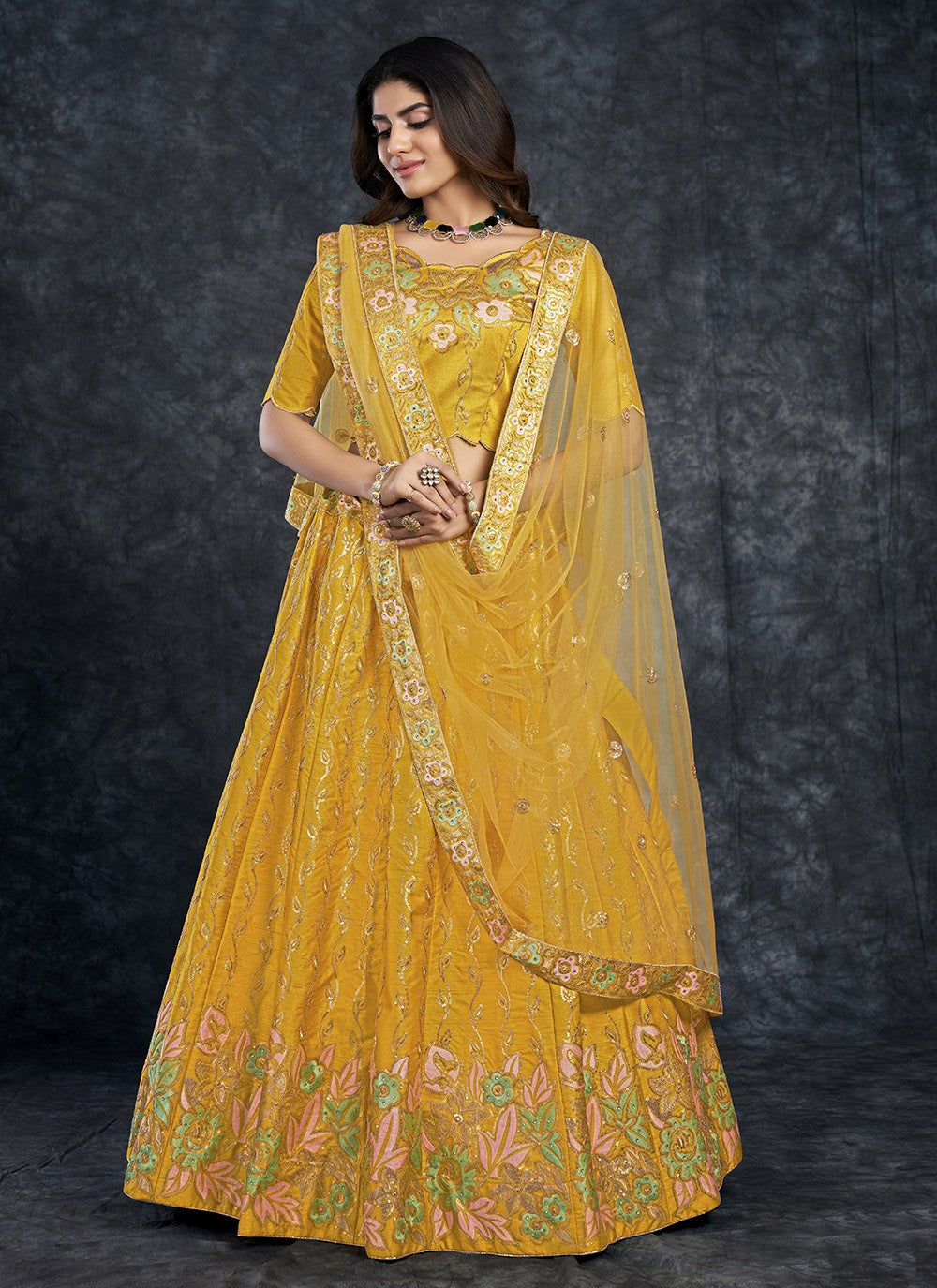 Mustard Indian Engagement Wear Silk Sequins and Diamond Work Chaniya Choli
