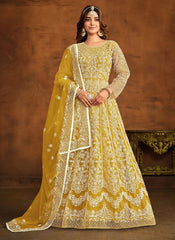Mustard Net Resham Work Indian Anarkali Suit