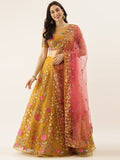 Mustard Net Sequins & Saroski Stone Work Wedding Lehenga For Women