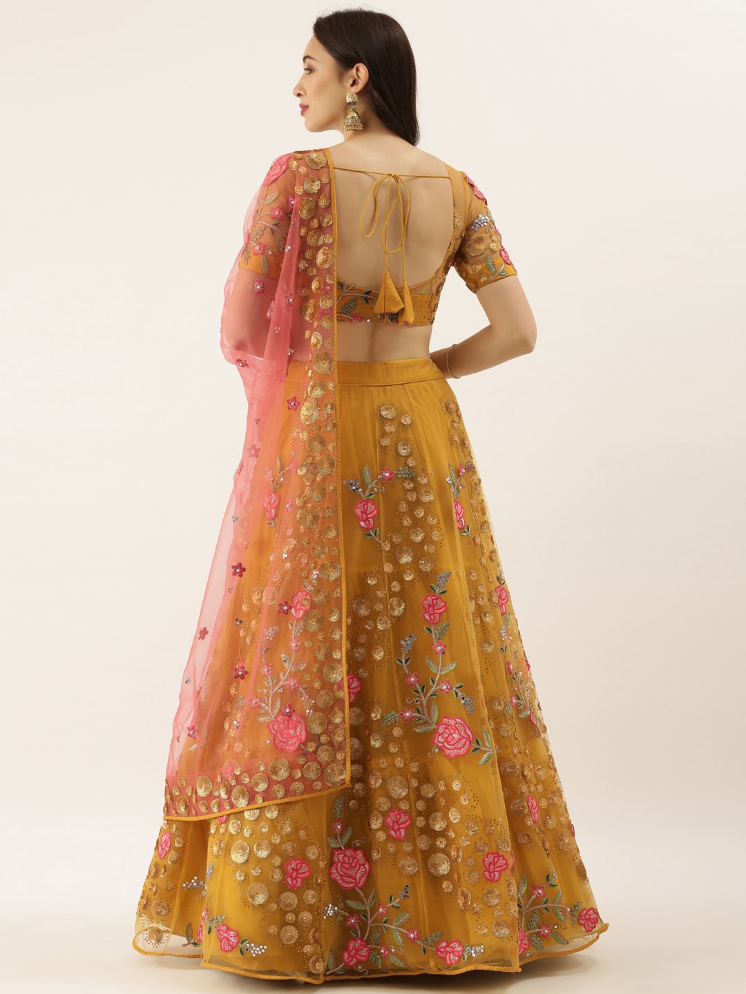 Mustard Net Sequins & Saroski Stone Work Wedding Lehenga For Women