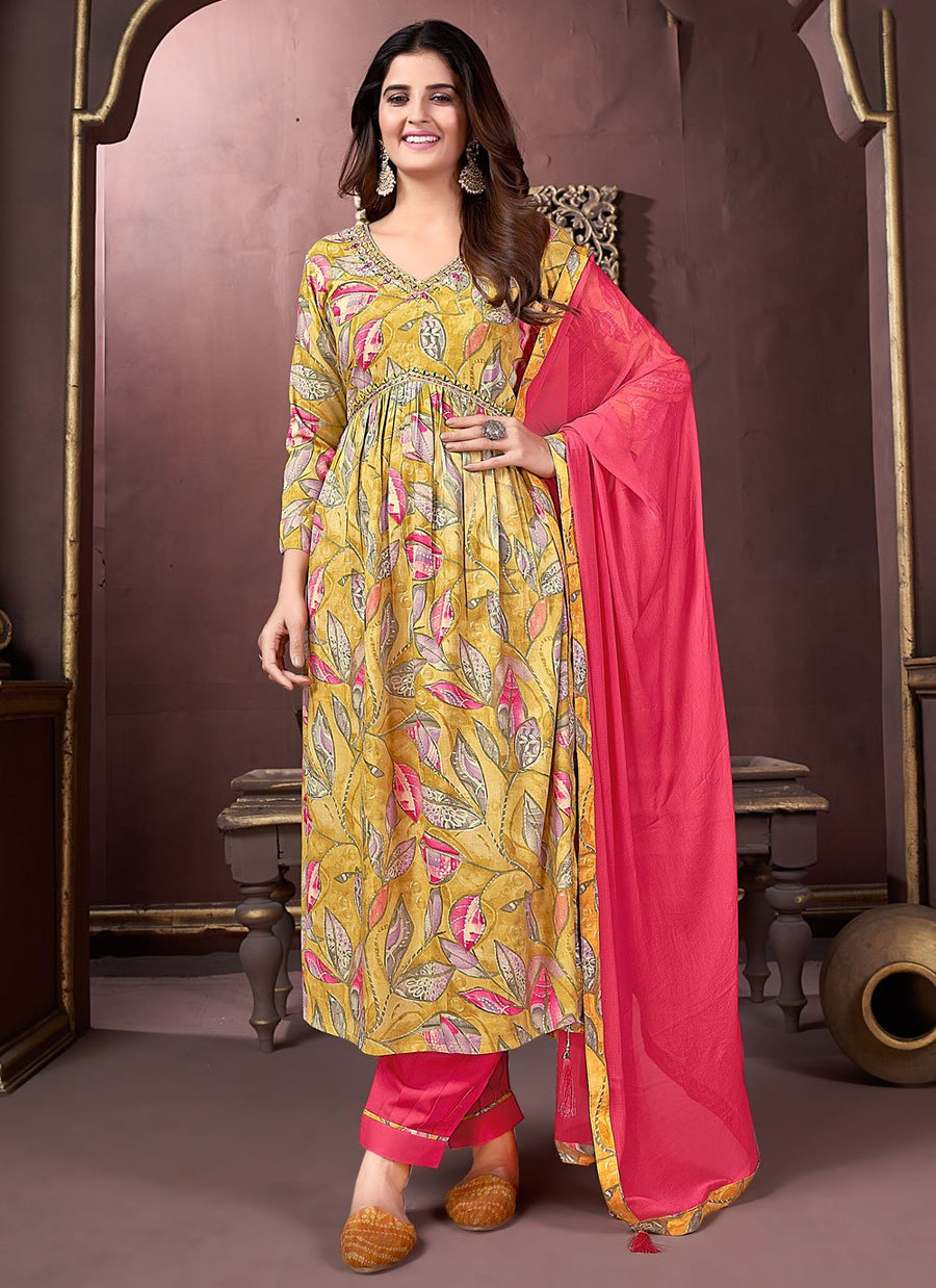Mustard Premium Riyon Hand work Neck design Kurti Set For Women