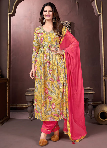 Shop Mustard Premium Riyon Hand work Neck design Kurti Set For