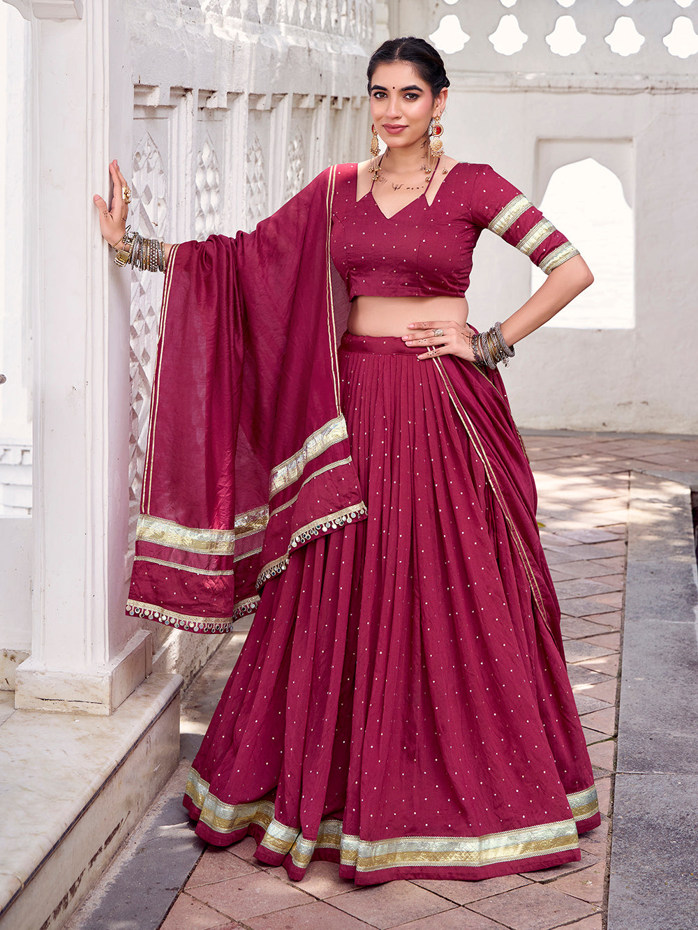 Maroon embossed lace lehenga set