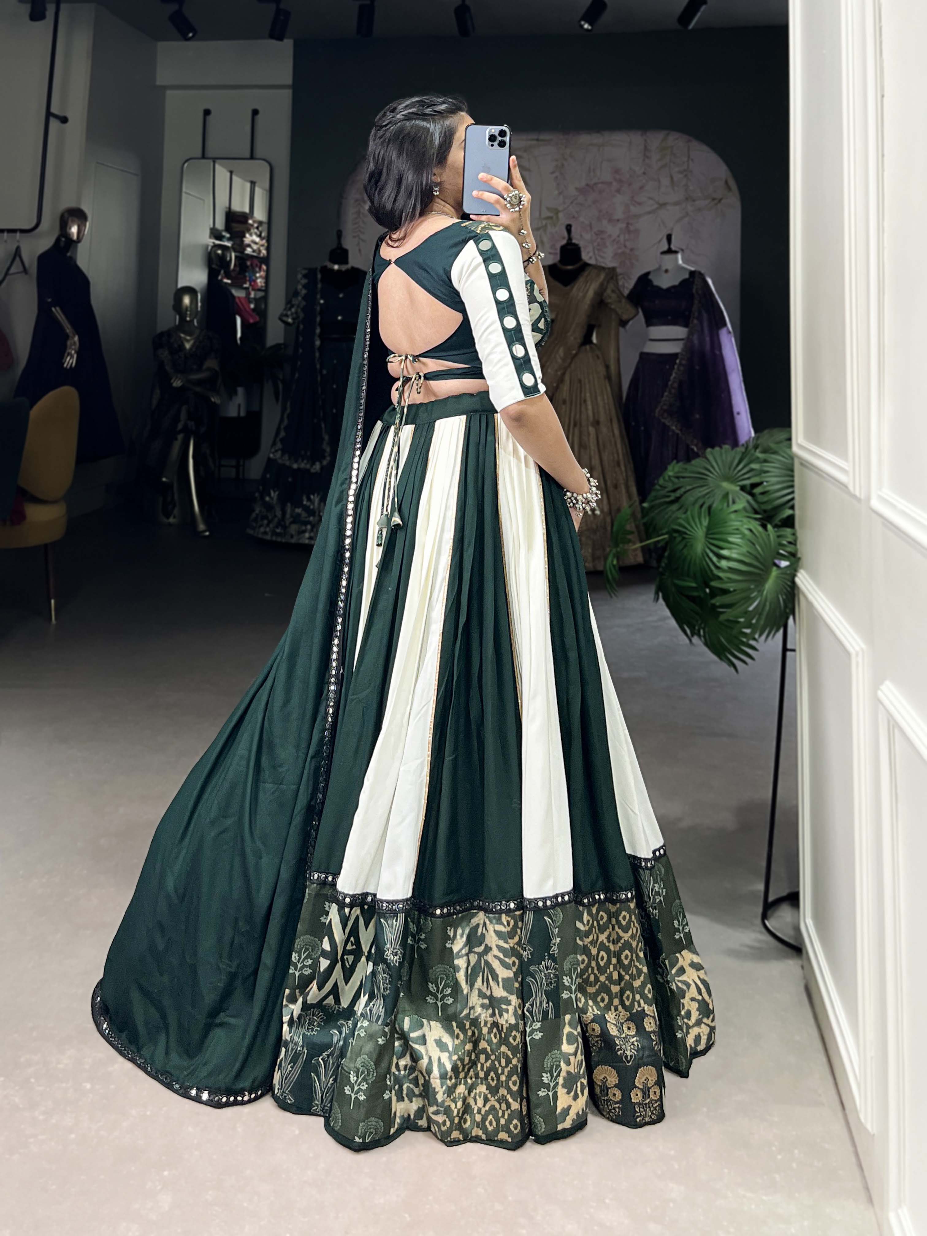 Green Color Plain And Printed With Paper Mirror Work Rayon Lehenga Choli