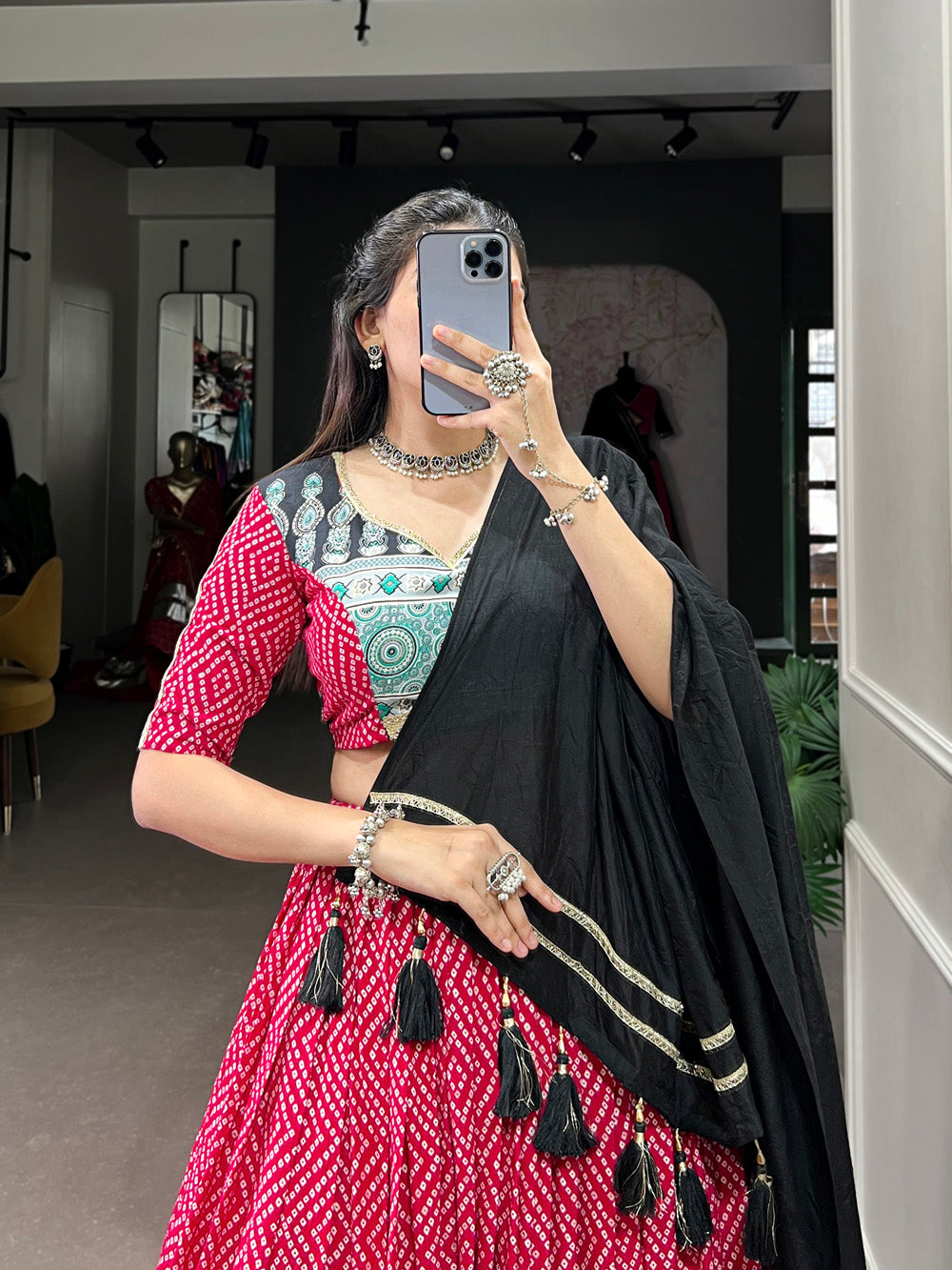 Pink Color Bandhej And Ajarakh Print With Gota Lace Border Rayon Chaniya Choli