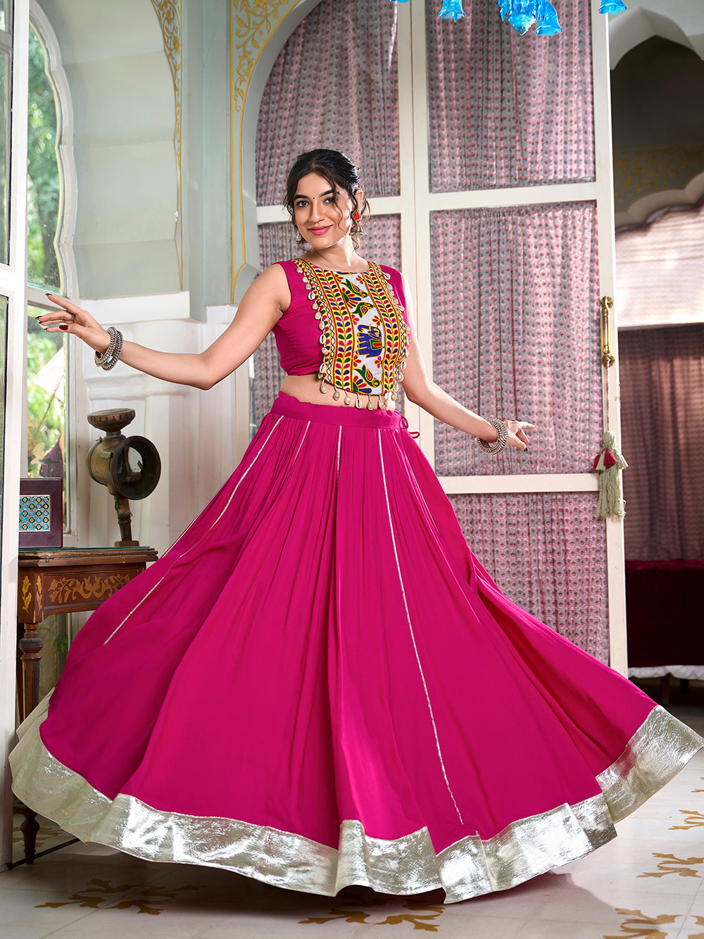 Pink Navratri gamthi work lehenga choli