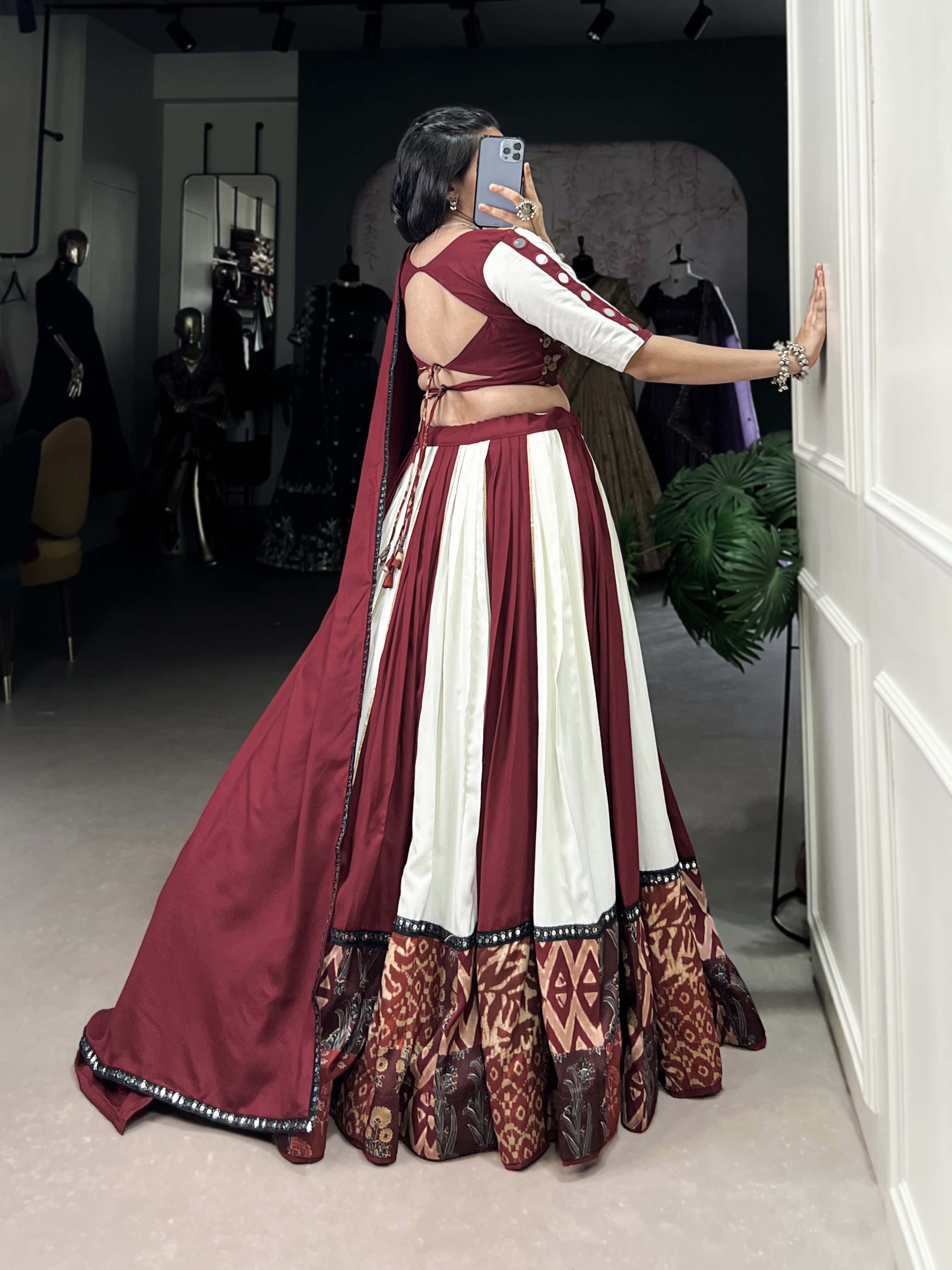 Maroon Color Plain And Printed With Paper Mirror Work Rayon Lehenga Choli