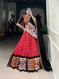 Red Color Printed And Gamthi Work With Mirror Work Cotton Chaniya Choli