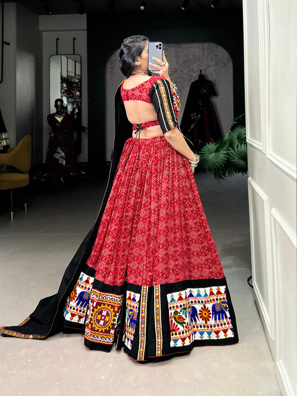 Red Color Printed And Gamthi Work With Mirror Work Cotton Chaniya Choli