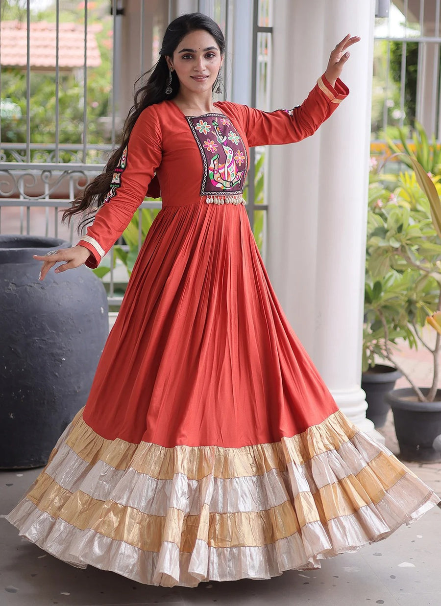 Navratri gown with Kutchi Gamthi thread work and 12 metre flair