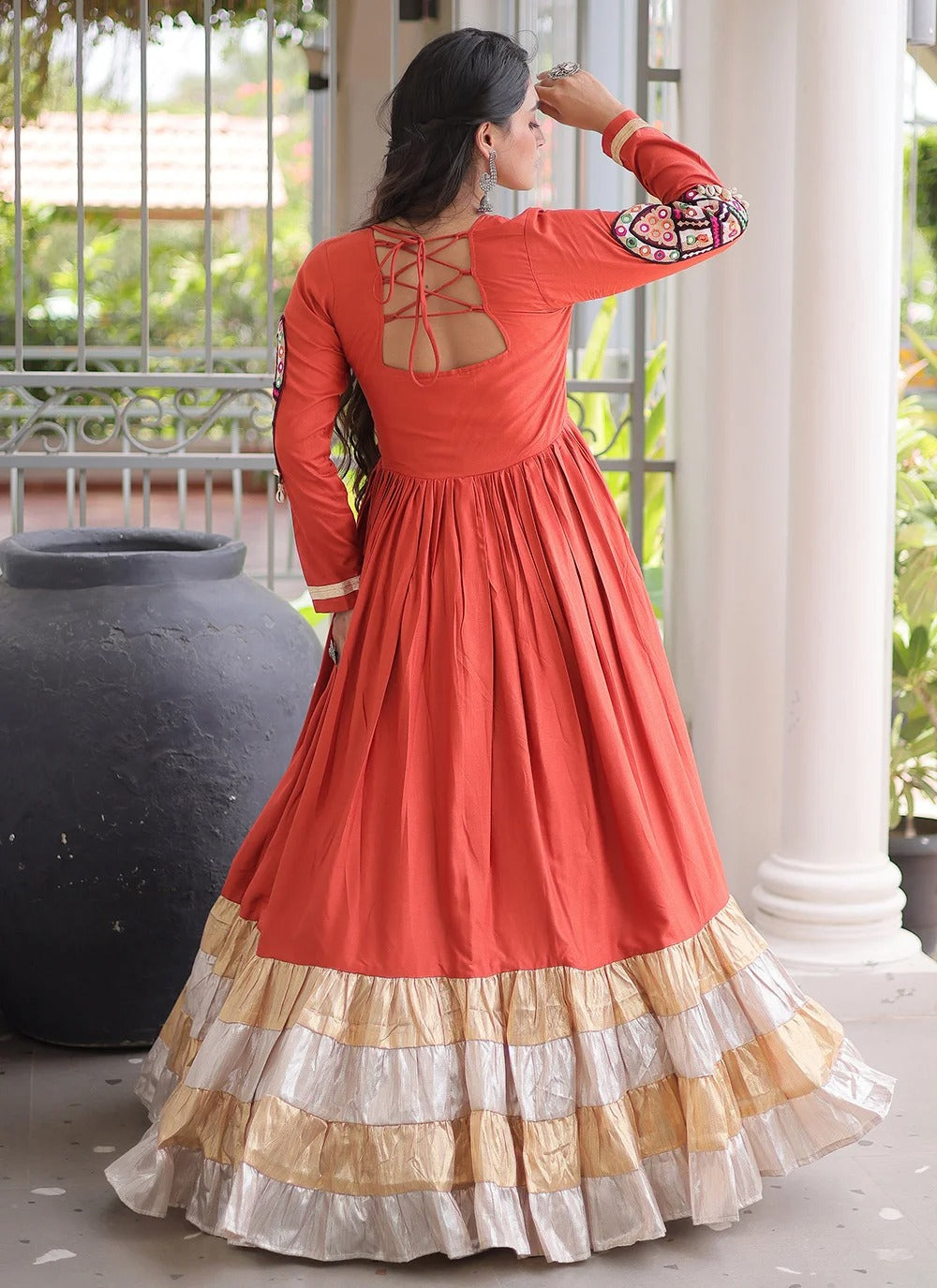 Gujarati Navratri gown with 12 metre flair and traditional Kutchi work