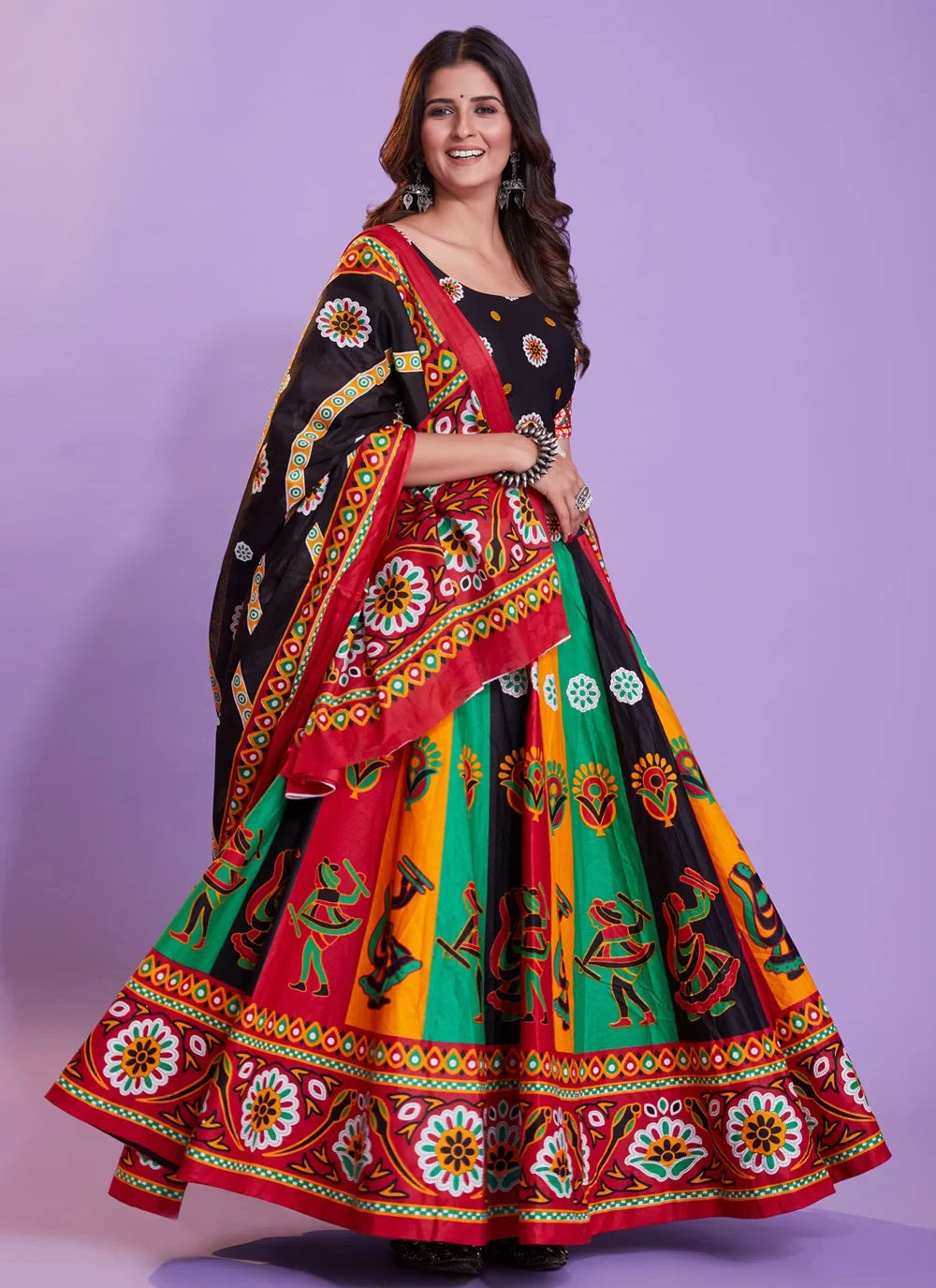 Navratri Lehenga Choli Set in Multi Color Cotton with Hand Block 