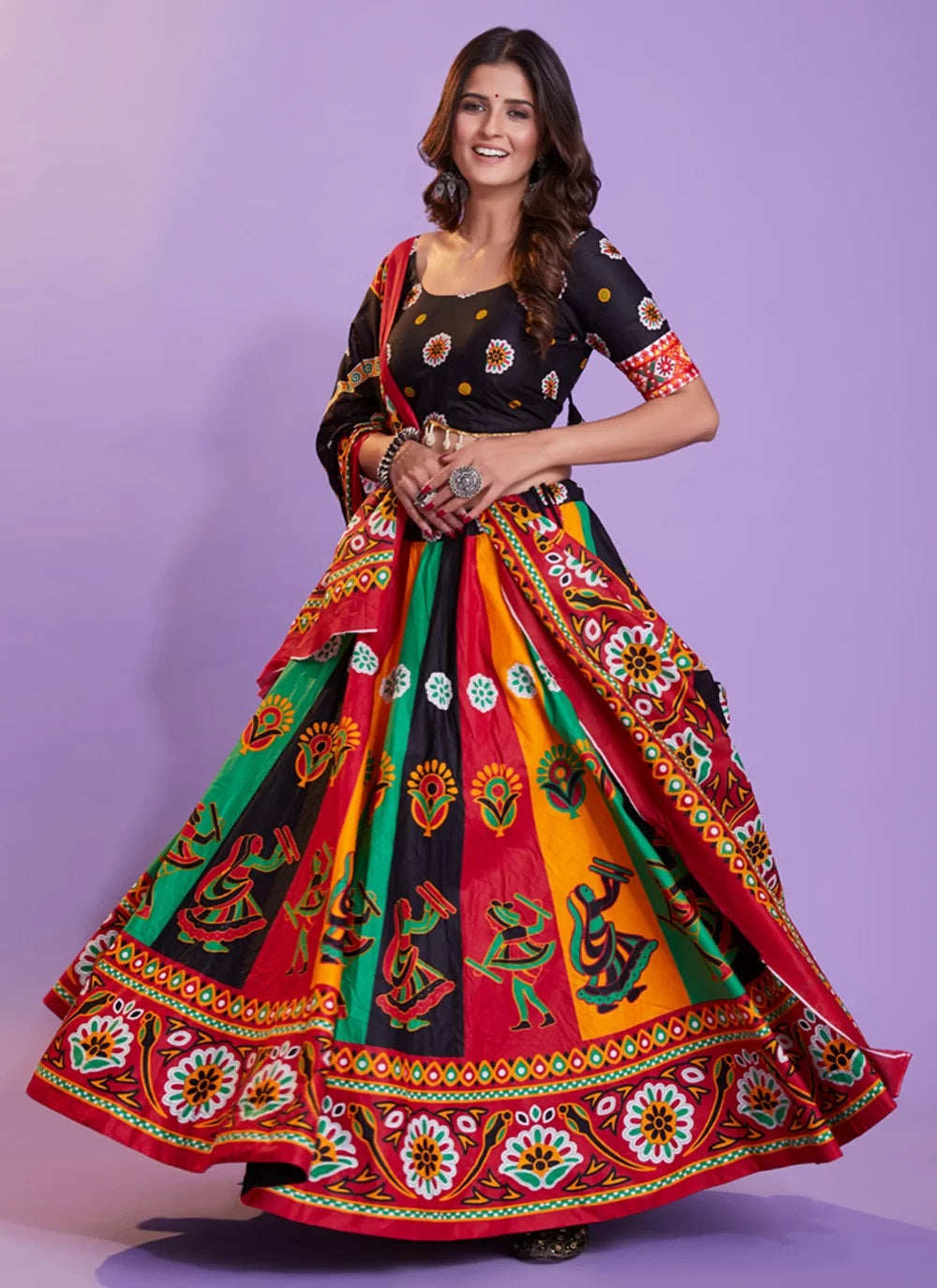 Navratri Lehenga Choli Set in Multi Color Cotton with Hand Block 