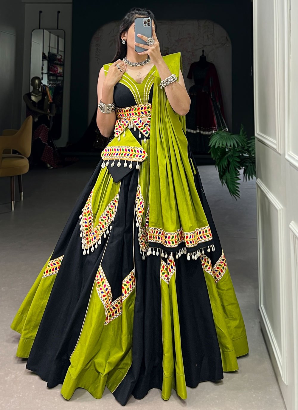 Navratri Special Cotton Readymade Lehenga Choli In Black and Green