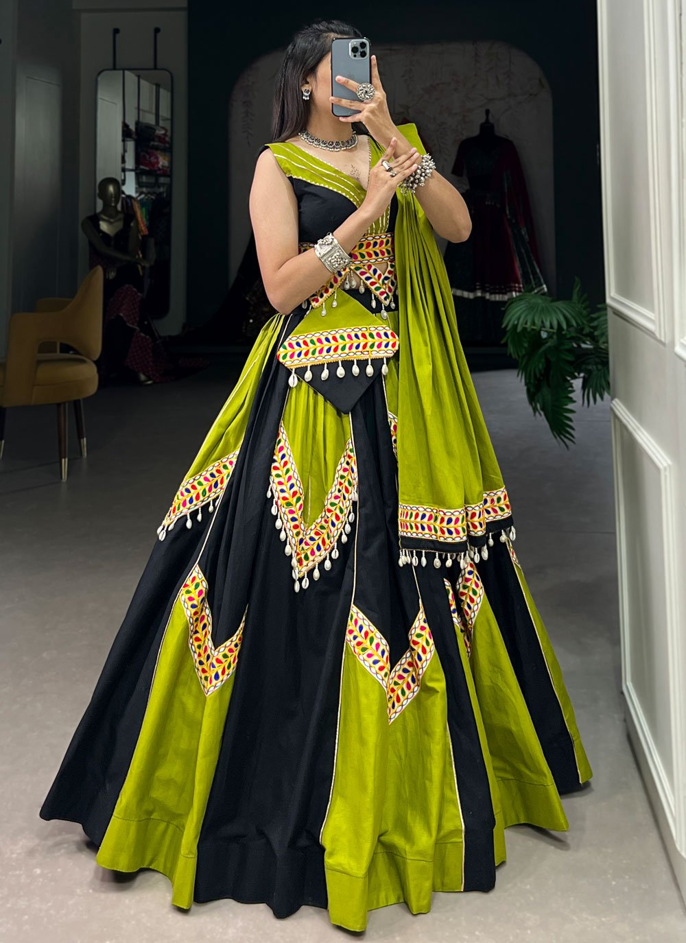 Navratri Special Cotton Readymade Lehenga Choli In Black and Green