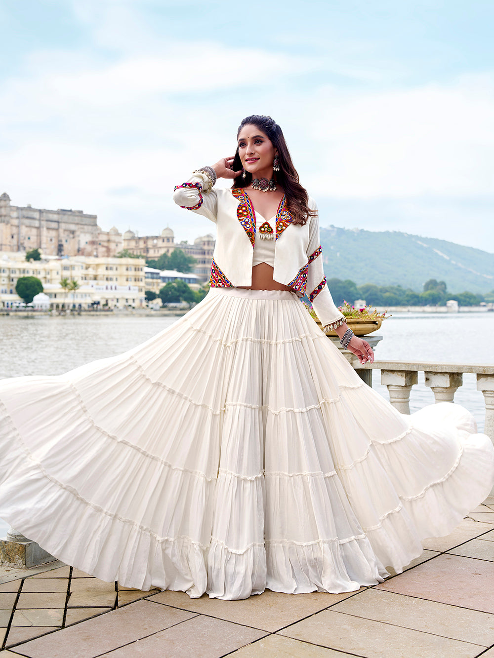 White mirror gamthi work lehenga choli set