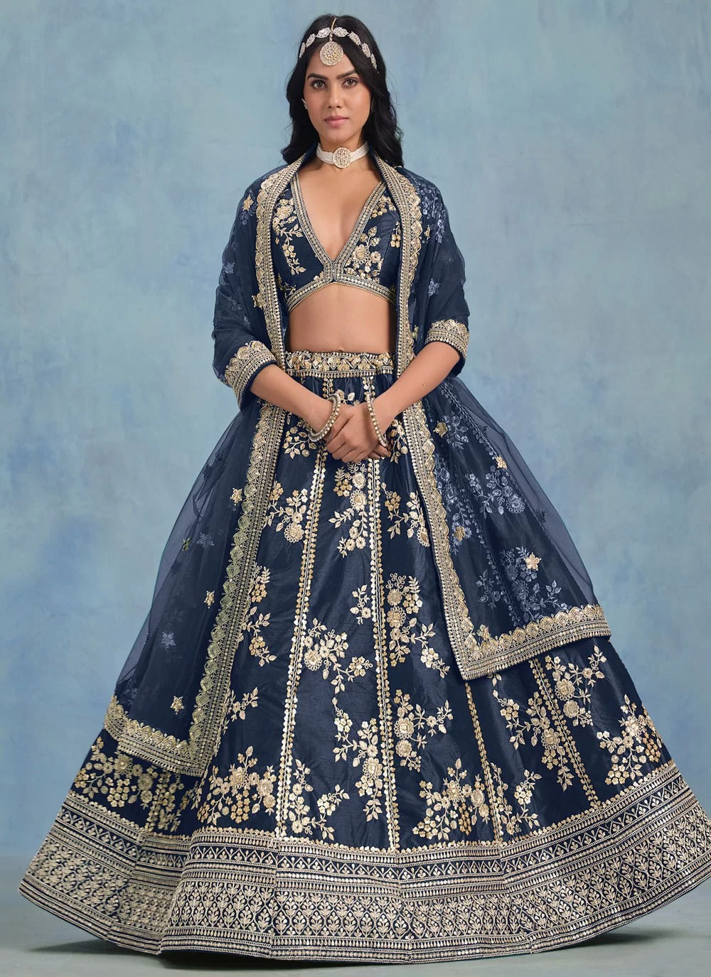 Navy Blue Engagement Lehenga with Embroidery & Can-Can Flair | Gunj Fashion Unstitched Navy Blue Engagement Lehenga with Embroidery & Can-Can Flair | Gunj Fashion Unstitched