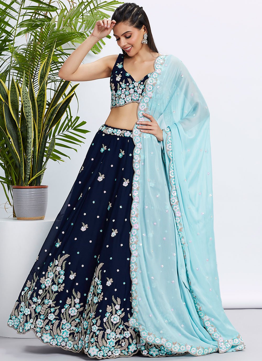 Navy Blue Bridesmaid Lehenga for Sister's Wedding with Sequins and Embroidery Work