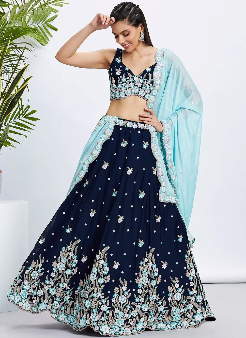 Navy Blue Bridesmaid Lehenga for Sister's Wedding with Sequins and Embroidery Work