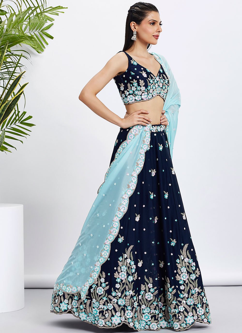 Navy Blue Bridesmaid Lehenga for Sister's Wedding with Sequins and Embroidery Work