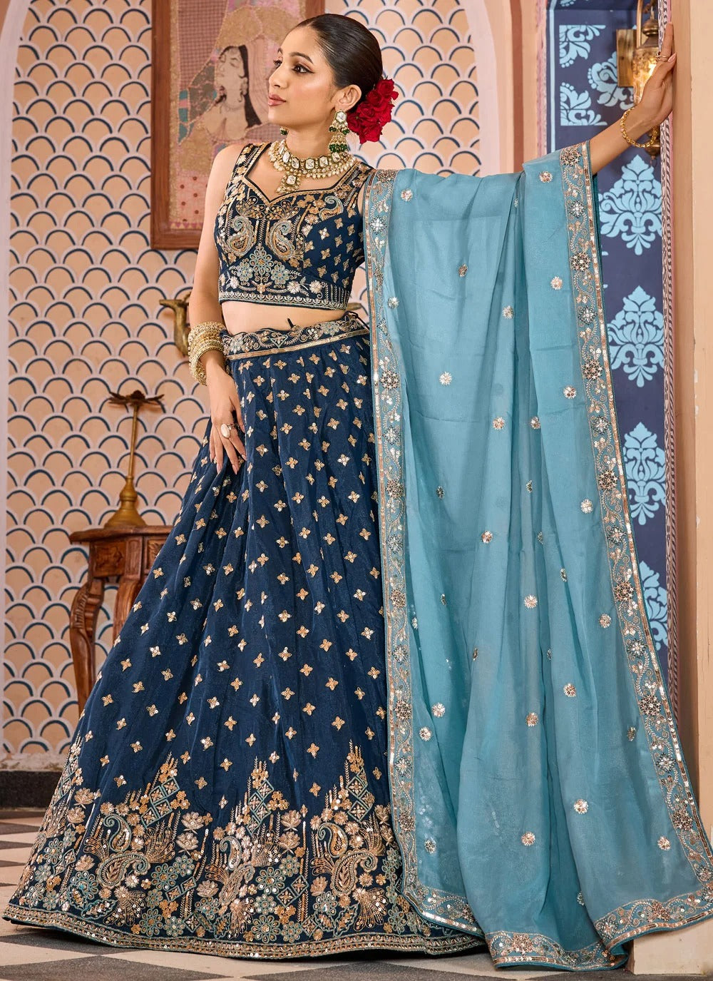 Elegant Navy Blue Wedding Guest Lehenga with Coding Embroidery