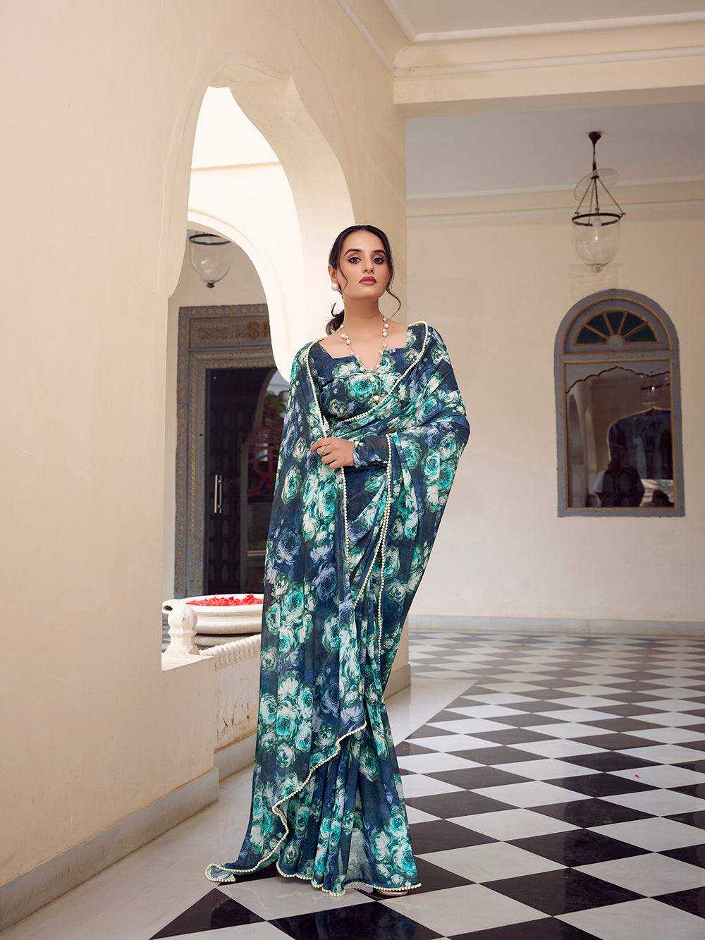 Navy blue floral printed marble saree