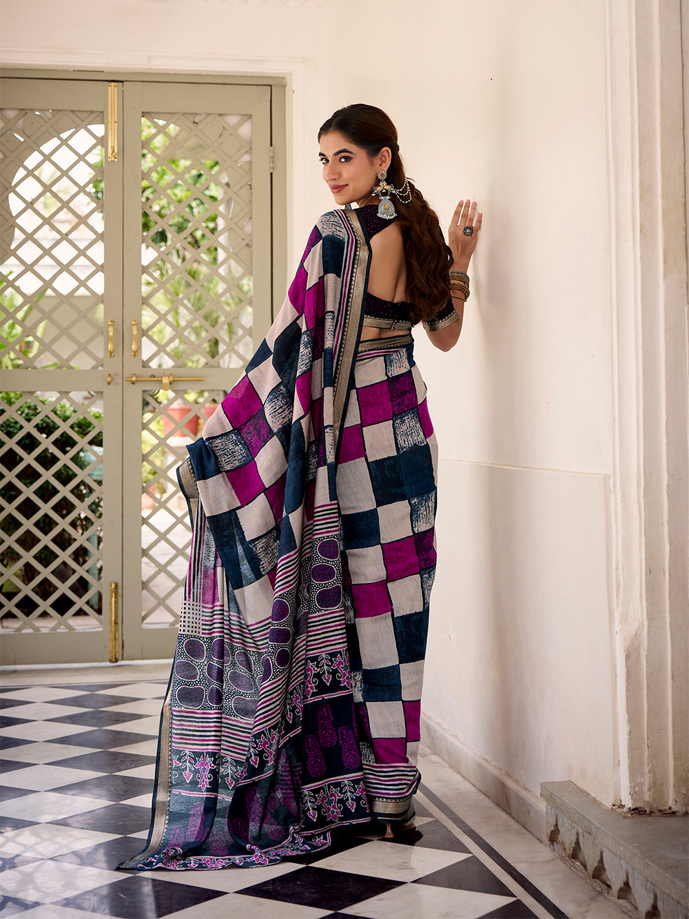 Traditional navy blue check saree