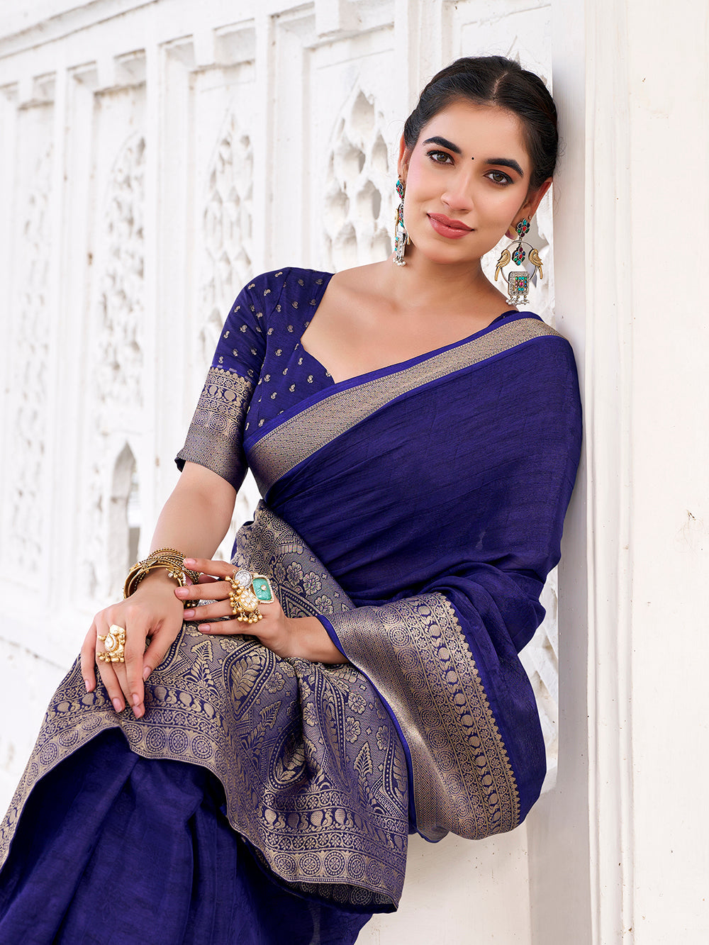 Traditional navy blue saree with zari border