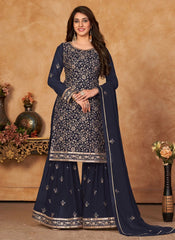 Navy Blue Faux Georgette Embroidery Sharara Suit