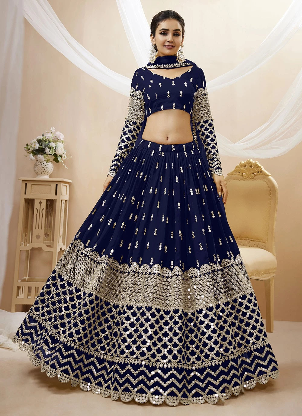 Engagement Lehengas Online | Navy Blue Georgette Party wear Indian Lehenga choli Unstitched Engagement Lehengas Online | Navy Blue Georgette Party wear Indian Lehenga choli Unstitched