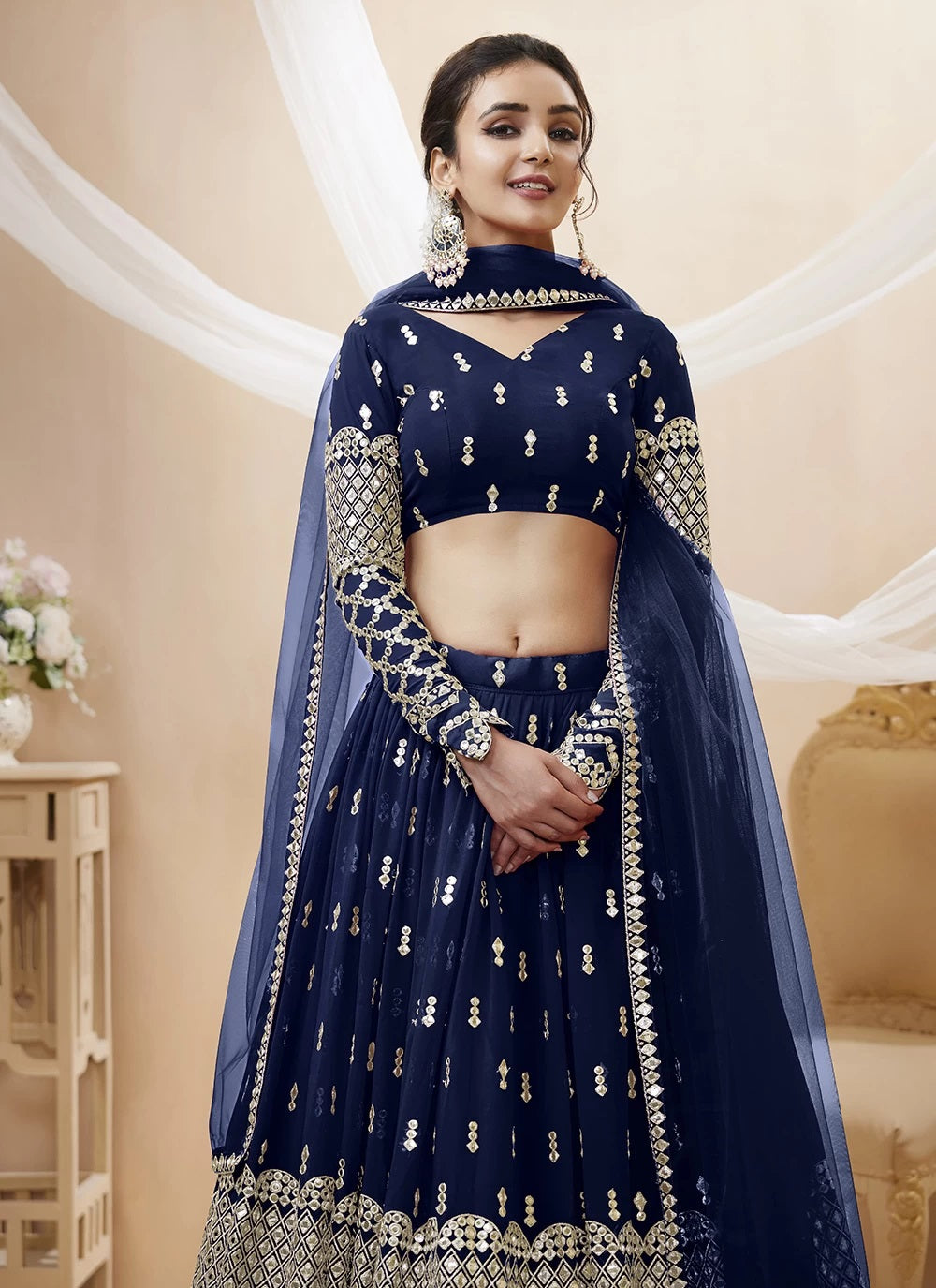 Engagement Lehengas Online | Navy Blue Georgette Party wear Indian Lehenga choli Unstitched Engagement Lehengas Online | Navy Blue Georgette Party wear Indian Lehenga choli Unstitched