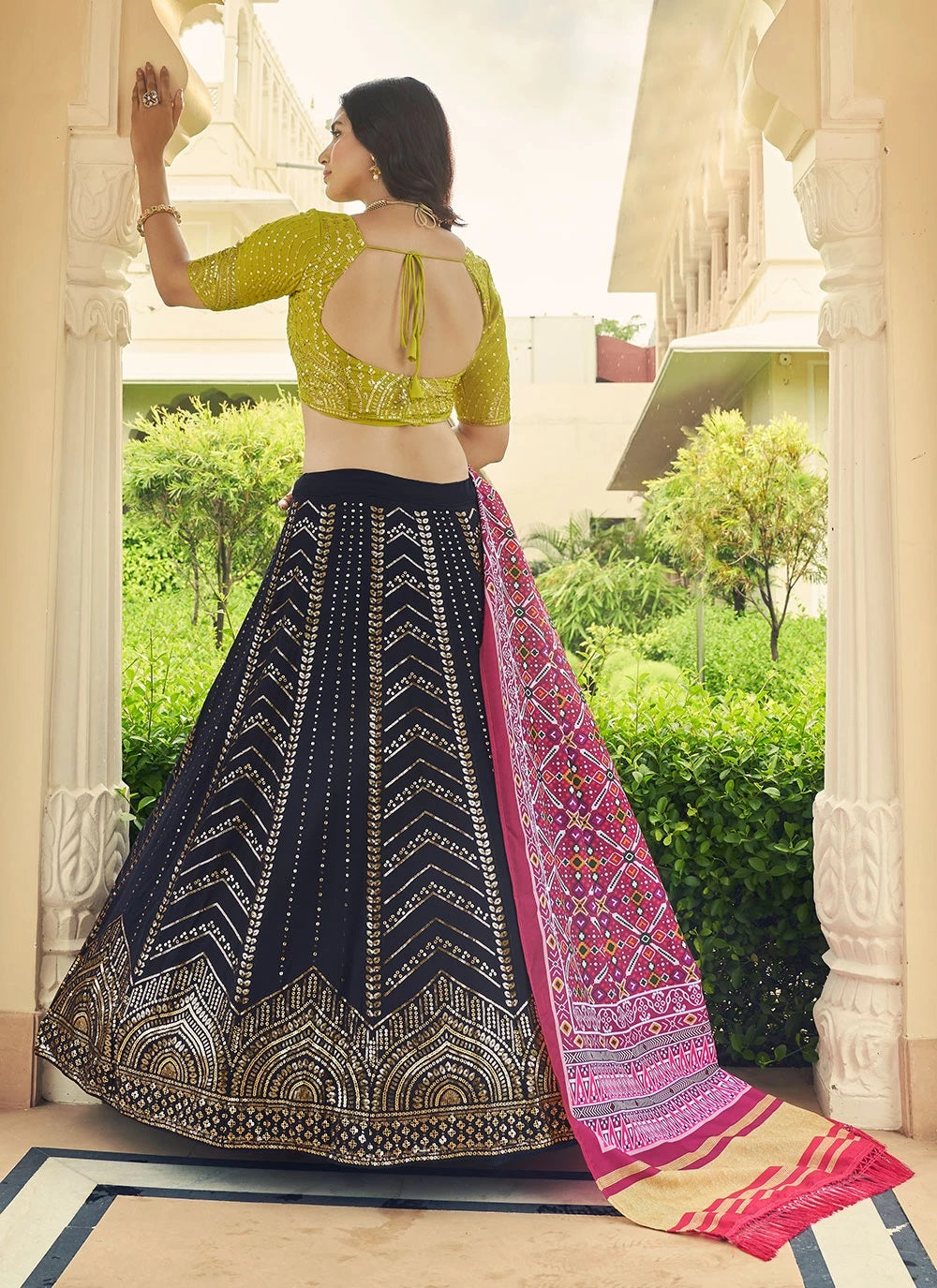 Navy Blue Georgette Sequins Embroidery Work A Line Lehenga